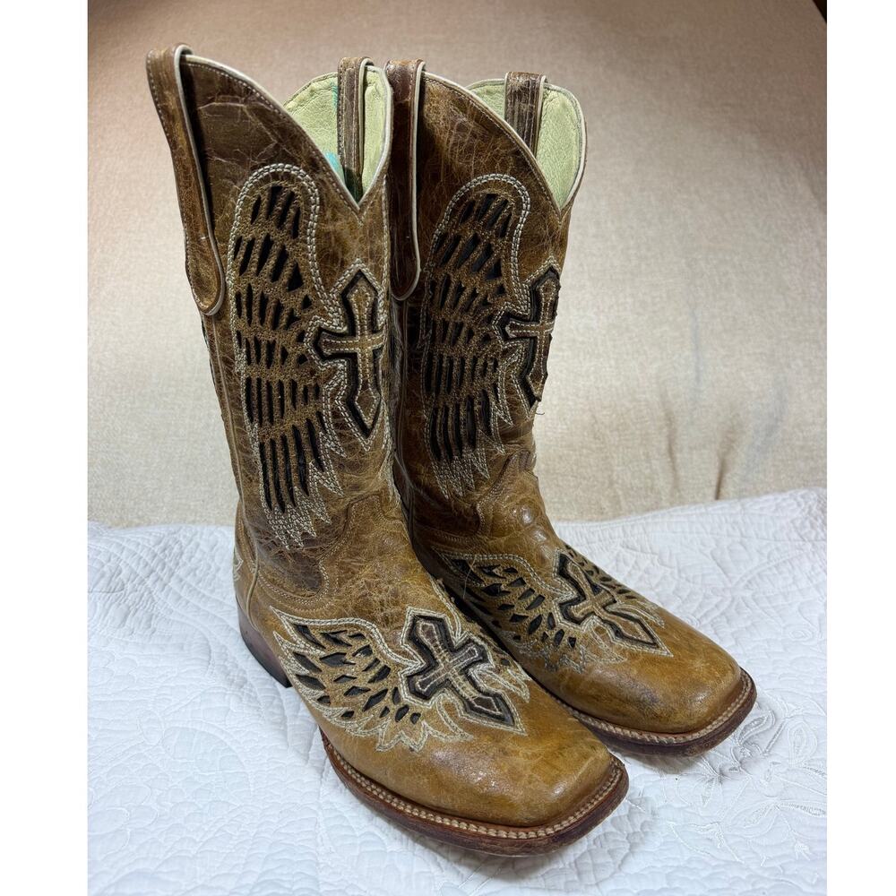 Ferrini Women's 10 Brown Sequin Wing Cross Inlay Square Toe Western Cowboy Boots